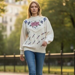 VINTAGE Cable Knit Floral Embroidered Mock Neck Cottagecore Sweater